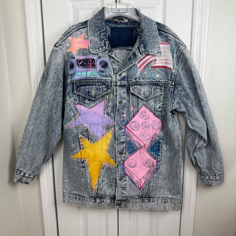 Vintage Sportdeco Hand Painted Denim Jacket Car Graphic Oversized 80s 90s‎ L